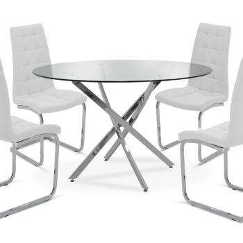 Τραπεζαρία Steve pakoworld σετ 5τμχ διάφανο γυαλί-κάθισμα λευκό pu Φ120x74,5εκ 200-000133 - Image 1