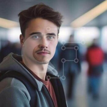 Intra Συλλεκτικό Ξύλινο Παζλ Plywood  4mm - Νεαρός άνδρας με το σακίδιο στο αεροδρόμιο ή το σιδηροδρομικό σταθμό Σε Ξύλινο Κουτί - Διαστάσεις Puzzle: 10x10 cm – 25 κομμάτια - Image 1