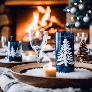 Intra Συλλεκτικό Ξύλινο Παζλ Plywood  4mm - Άνετο σετ τραπεζαρίας με μπλε κηροπήγια και τζάκι Σε Ξύλινο Κουτί - Διαστάσεις Puzzle: 10x10 cm – 25 κομμάτια