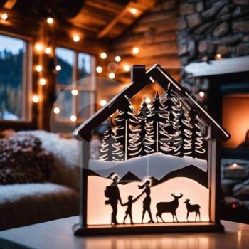 Intra Συλλεκτικό Ξύλινο Παζλ Plywood  4mm - Φωτεινό γλυπτό σε σχήμα σπιτιού με ανθρώπους και σιλουέτες ελαφιών Σε Ξύλινο Κουτί - Διαστάσεις Puzzle: 10x10 cm – 25 κομμάτια - Image 1