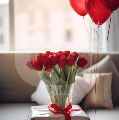 Intra Συλλεκτικό Ξύλινο Παζλ Plywood 4mm - Εορταστικά λουλούδια και δώρο με μπαλόνια Σε Ξύλινο Κουτί - Διαστάσεις Puzzle: 10x10 cm – 25 κομμάτια - Image 1