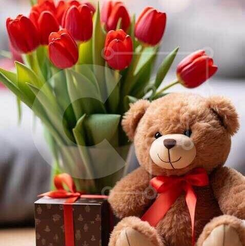 Intra Συλλεκτικό Ξύλινο Παζλ Plywood 4mm - Αρκουδάκι και κόκκινες τουλίπες με κουτί δώρου Σε Ξύλινο Κουτί - Διαστάσεις Puzzle: 10x10 cm – 25 κομμάτια - Image 1