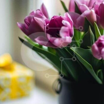 Intra Συλλεκτικό Ξύλινο Παζλ Plywood  4mm - Ροζ τουλίπες σε μαύρο βάζο με κίτρινο κουτί δώρου Σε Ξύλινο Κουτί - Διαστάσεις Puzzle: 10x10 cm – 25 κομμάτια - Image 1