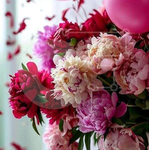 Intra Συλλεκτικό Ξύλινο Παζλ Plywood  4mm - Ζωντανό μπουκέτο παιώνιας με μπαλόνια και κομφετί με πέταλα Σε Ξύλινο Κουτί - Διαστάσεις Puzzle: 10x10 cm – 25 κομμάτια - Image 1