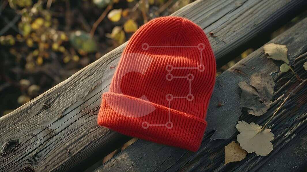 Intra Συλλεκτικό Ξύλινο Παζλ Plywood  4mm - Κόκκινο πλεκτό φασόλι σε ξύλινη επιφάνεια με φθινοπωρινά φύλλα Σε Ξύλινο Κουτί - Διαστάσεις Puzzle: 10x10 cm – 25 κομμάτια