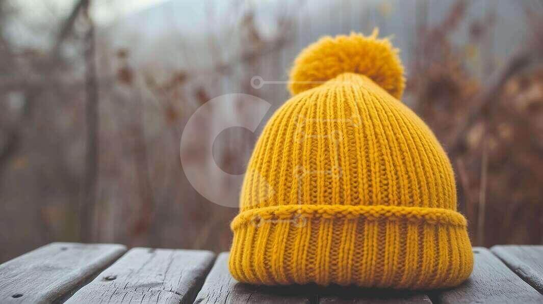 Intra Συλλεκτικό Ξύλινο Παζλ Plywood  4mm - Κίτρινο πλεκτό καπέλο Beanie σε ξύλινη επιφάνεια Σε Ξύλινο Κουτί - Διαστάσεις Puzzle: 10x10 cm – 25 κομμάτια