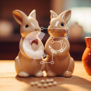 Intra Συλλεκτικό Ξύλινο Παζλ Plywood  4mm - Κεραμικά ειδώλια κουνελιών με κόκκινο βάζο σε ξύλινο τραπέζι Σε Ξύλινο Κουτί - Διαστάσεις: 10x10 cm – 25 κομμάτια