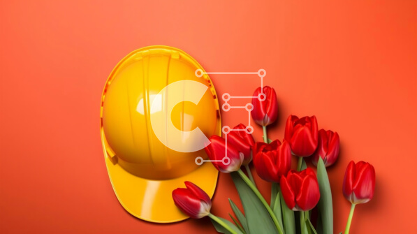 Intra Συλλεκτικό Ξύλινο Παζλ Plywood  4mm - Κίτρινο σκληρό καπέλο και κόκκινες τουλίπες σε πορτοκαλί φόντο Σε Ξύλινο Κουτί - Διαστάσεις: 10x10 cm – 25 κομμάτια