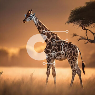 Intra Συλλεκτικό Ξύλινο Παζλ Plywood  4mm - Καμηλοπάρδαλη σε χορταριασμένο χωράφι στο ηλιοβασίλεμα δίπλα στη βελανιδιά Σε Ξύλινο Κουτί - Διαστάσεις: 10x10 cm – 25 κομμάτια - Image 1