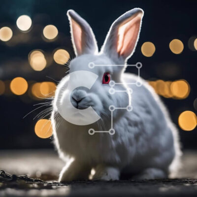 Intra Συλλεκτικό Ξύλινο Παζλ Plywood 4mm - Λευκό κουνέλι με ορθάνοιχτα μάτια σε πολύχρωμα νυχτερινά φώτα Σε Ξύλινο Κουτί - Διαστάσεις: 10x10 cm – 25 κομμάτια - Image 1