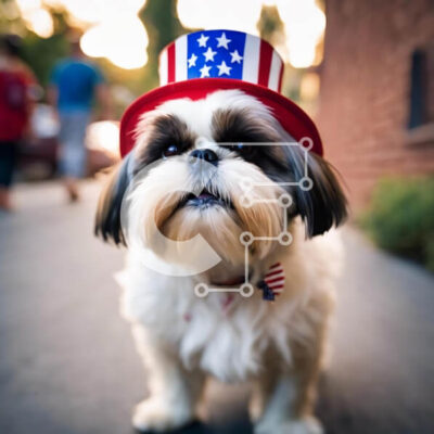 Intra Συλλεκτικό Ξύλινο Παζλ Plywood 4mm - Λευκό σκυλί με καπέλο αμερικανικής σημαίας στην οδό Σε Ξύλινο Κουτί - Διαστάσεις: 10x10 cm – 25 κομμάτια - Image 1