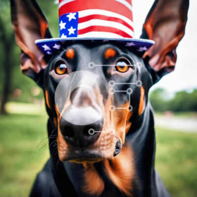 Intra Συλλεκτικό Ξύλινο Παζλ Plywood 4mm - Σκύλος Ντόμπερμαν με καπέλο αμερικανικής σημαίας που γιορτάζει την 4η Ιουλίου Σε Ξύλινο Κουτί - Διαστάσεις: 10x10 cm – 25 κομμάτια - Image 1