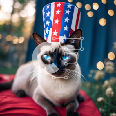 Intra Συλλεκτικό Ξύλινο Παζλ Plywood  4mm - Σιαμέζικη γάτα με καπέλο αμερικανικής σημαίας Σε Ξύλινο Κουτί - Διαστάσεις: 10x10 cm – 25 κομμάτια - Image 1