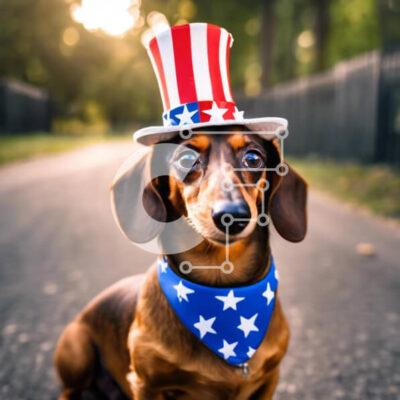 Intra Συλλεκτικό Ξύλινο Παζλ Plywood  4mm - Σκύλος Dachshund με καπέλο με θέμα την αμερικανική σημαία και μπαντάνα Σε Ξύλινο Κουτί - Διαστάσεις: 10x10 cm – 25 κομμάτια - Image 1