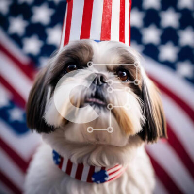 Intra Συλλεκτικό Ξύλινο Παζλ Plywood  4mm - Μικρό σκυλί που φορά καπέλο αμερικανικής σημαίας μπροστά από το φόντο της σημαίας Σε Ξύλινο Κουτί - Διαστάσεις: 10x10 cm – 25 κομμάτια - Image 1