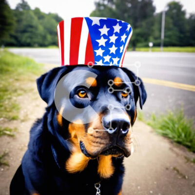 Intra Συλλεκτικό Ξύλινο Παζλ Plywood  4mm - Σκύλος Ροτβάιλερ με καπέλο αμερικανικής σημαίας Σε Ξύλινο Κουτί - Διαστάσεις: 10x10 cm – 25 κομμάτια - Image 1