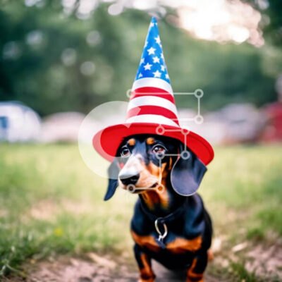 Intra Συλλεκτικό Ξύλινο Παζλ Plywood  4mm - Σκύλος Dachshund με καπέλο σε σχήμα αμερικανικής σημαίας Σε Ξύλινο Κουτί - Διαστάσεις: 10x10 cm – 25 κομμάτια - Image 1