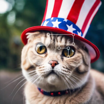 Intra Συλλεκτικό Ξύλινο Παζλ Plywood 4mm - Γάτα με καπέλο αμερικανικής σημαίας κοιτάζοντας επίμονα την κάμερα Σε Ξύλινο Κουτί - Διαστάσεις: 10x10 cm – 25 κομμάτια - Image 1