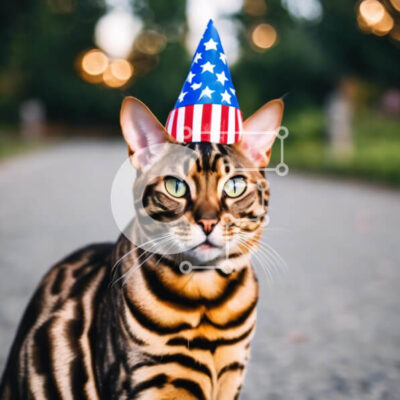 Intra Συλλεκτικό Ξύλινο Παζλ Plywood  4mm - Γάτα της Βεγγάλης με καπέλο για πάρτι με αμερικανική σημαία Σε Ξύλινο Κουτί - Διαστάσεις: 10x10 cm – 25 κομμάτια - Image 1