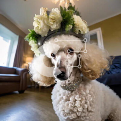 Intra Συλλεκτικό Ξύλινο Παζλ Plywood  4mm - Κομψό λευκό σκυλί κανίς με λουλουδάτο καπέλο που κάθεται στο σαλόνι Σε Ξύλινο Κουτί - Διαστάσεις: 10x10 cm – 25 κομμάτια - Image 1