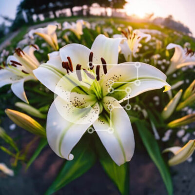 Intra Συλλεκτικό Ξύλινο Παζλ Plywood  4mm - Λευκός κρίνος σε ένα χωράφι με λουλούδια στο ηλιοβασίλεμα Σε Ξύλινο Κουτί - Διαστάσεις: 10x10 cm – 25 κομμάτια - Image 1