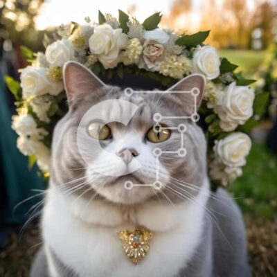 Intra Συλλεκτικό Ξύλινο Παζλ Plywood 4mm - Γκρι και άσπρη γάτα με στεφάνι λουλουδιών στο γρασίδι Σε Ξύλινο Κουτί - Διαστάσεις: 10x10 cm – 25 κομμάτια - Image 1