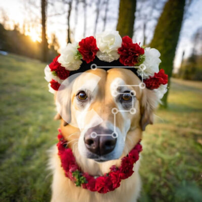 Intra Συλλεκτικό Ξύλινο Παζλ Plywood  4mm - Χρυσό σκυλί με κορώνα λουλουδιών σε εξωτερικό περιβάλλον Σε Ξύλινο Κουτί - Διαστάσεις: 10x10 cm – 25 κομμάτια - Image 1