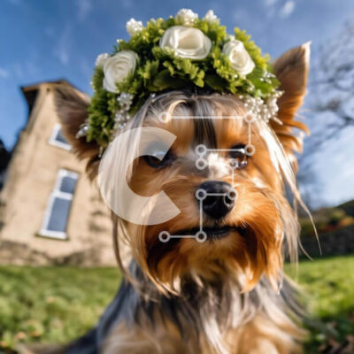 Intra Συλλεκτικό Ξύλινο Παζλ Plywood  4mm - Αξιολάτρευτο σκυλί με κορώνα λουλουδιών μπροστά από το Vintage House Σε Ξύλινο Κουτί - Διαστάσεις: 10x10 cm – 25 κομμάτια - Image 1