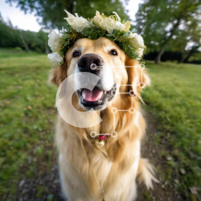 Intra Συλλεκτικό Ξύλινο Παζλ Plywood  4mm - Ευτυχισμένος σκύλος Γκόλντεν Ριτρίβερ με λουλούδια στο κεφάλι Σε Ξύλινο Κουτί - Διαστάσεις: 10x10 cm – 25 κομμάτια - Image 1