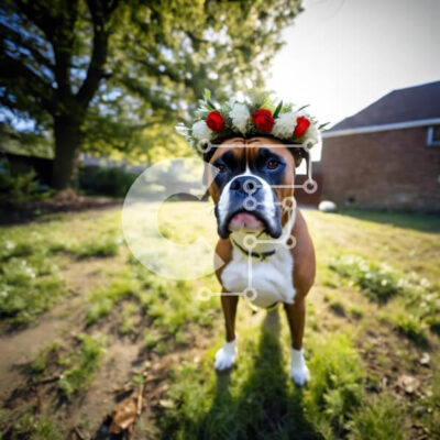 Intra Συλλεκτικό Ξύλινο Παζλ Plywood  4mm - Σκύλος μπόξερ με λουλουδάτη σύνθεση σε χορταριασμένο χωράφι Σε Ξύλινο Κουτί - Διαστάσεις: 10x10 cm – 25 κομμάτια - Image 1