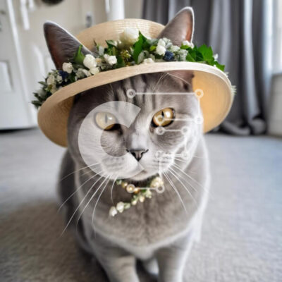 Intra Συλλεκτικό Ξύλινο Παζλ Plywood  4mm - Γκρίζα γάτα που φορά ένα ψάθινο καπέλο με λουλούδια Σε Ξύλινο Κουτί - Διαστάσεις: 10x10 cm – 25 κομμάτια - Image 1