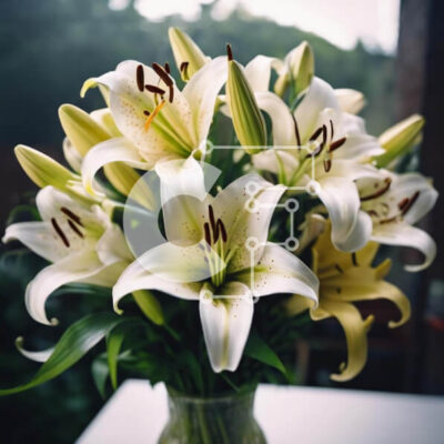 Intra Συλλεκτικό Ξύλινο Παζλ Plywood  4mm - Γυάλινο βάζο με λευκά κρίνα, τριαντάφυλλα, γαρύφαλλα και μαργαρίτες ζέρμπερα Σε Ξύλινο Κουτί - Διαστάσεις: 10x10 cm – 25 κομμάτια - Image 1