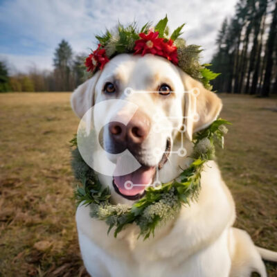 Intra Συλλεκτικό Ξύλινο Παζλ Plywood  4mm - Ευτυχισμένος σκύλος Λαμπραντόρ με λουλουδάτο στεφάνι σε ανοιχτό πεδίο Σε Ξύλινο Κουτί - Διαστάσεις: 10x10 cm – 25 κομμάτια - Image 1