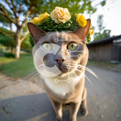 Intra Συλλεκτικό Ξύλινο Παζλ Plywood  4mm - Γκρίζα γάτα που φορά λουλούδια στο κεφάλι της στη μέση του δρόμου Σε Ξύλινο Κουτί - Διαστάσεις: 10x10 cm – 25 κομμάτια - Image 1