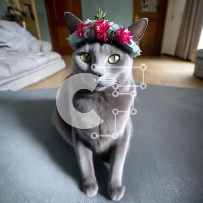 Intra Συλλεκτικό Ξύλινο Παζλ Plywood  4mm - Γκρίζα γάτα που φοράει κορώνα λουλουδιών που κάθεται στο χαλί Σε Ξύλινο Κουτί - Διαστάσεις: 10x10 cm – 25 κομμάτια - Image 1