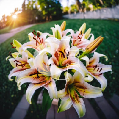 Intra Συλλεκτικό Ξύλινο Παζλ Plywood  4mm - Λευκοί κρίνοι σε βάζο με πράσινα φύλλα σε χλοώδη φόντο Σε Ξύλινο Κουτί - Διαστάσεις: 10x10 cm – 25 κομμάτια - Image 1