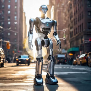 Intra Συλλεκτικό Ξύλινο Παζλ Plywood  4mm - Ασημένιο ρομπότ στο δρόμο που αντιμετωπίζει τον ήλιο Σε Ξύλινο Κουτί - Διαστάσεις Puzzle: 10x10 cm – 25 κομμάτια