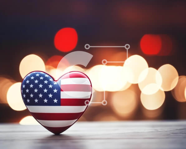 Intra Συλλεκτικό Ξύλινο Παζλ Plywood  4mm - Αμερικανική σημαία σε σχήμα καρδιάς στο τραπέζι με πολύχρωμα φώτα Σε Ξύλινο Κουτί - Διαστάσεις: 10x10 cm – 25 κομμάτια