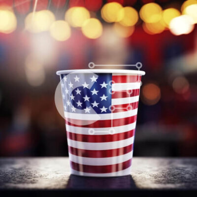 Intra Συλλεκτικό Ξύλινο Παζλ Plywood  4mm - Χάρτινο κύπελλο αμερικανικής σημαίας σε φωτισμένο τραπέζι Σε Ξύλινο Κουτί - Διαστάσεις: 10x10 cm – 25 κομμάτια - Image 1