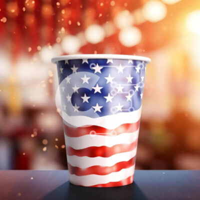 Intra Συλλεκτικό Ξύλινο Παζλ Plywood  4mm - Χάρτινο κύπελλο με θέμα την αμερικανική σημαία σε τραπέζι με θολό φόντο Σε Ξύλινο Κουτί - Διαστάσεις: 10x10 cm – 25 κομμάτια - Image 1