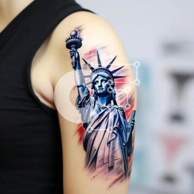 Intra Συλλεκτικό Ξύλινο Παζλ Plywood  4mm - Γυναίκα με τατουάζ πατριωτικό άγαλμα της ελευθερίας Σε Ξύλινο Κουτί - Διαστάσεις Puzzle: 10x10 cm – 25 κομμάτια - Image 1