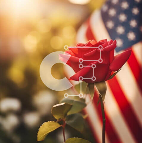 Intra Συλλεκτικό Ξύλινο Παζλ Plywood 4mm - Εορτασμός τέταρτης Ιουλίου με κόκκινο τριαντάφυλλο και αμερικανική σημαία Σε Ξύλινο Κουτί - Διαστάσεις: 10x10 cm – 25 κομμάτια - Image 1