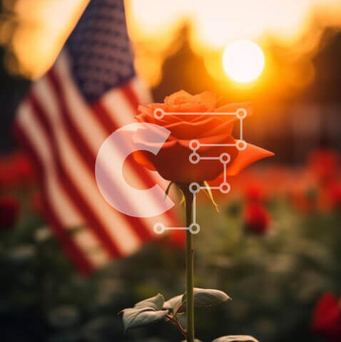 Intra Συλλεκτικό Ξύλινο Παζλ Plywood  4mm - Πατριωτικό κόκκινο τριαντάφυλλο στο πεδίο αμερικανικής σημαίας στο ηλιοβασίλεμα Σε Ξύλινο Κουτί - Διαστάσεις: 10x10 cm – 25 κομμάτια - Image 1