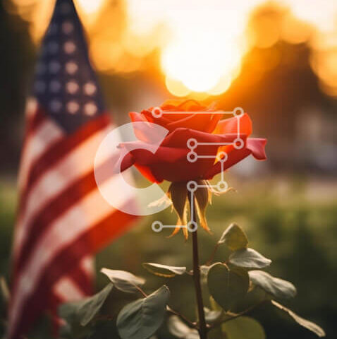 Intra Συλλεκτικό Ξύλινο Παζλ Plywood 4mm - Μονό κόκκινο τριαντάφυλλο με αμερικανική σημαία στο φόντο Σε Ξύλινο Κουτί - Διαστάσεις: 10x10 cm – 25 κομμάτια - Image 1