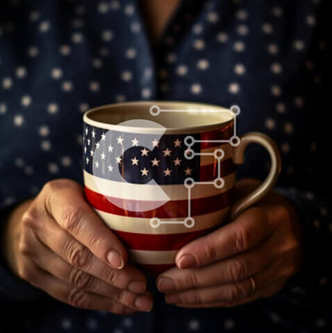 Intra Συλλεκτικό Ξύλινο Παζλ Plywood  4mm - Γυναίκα που κρατά κούπα καφέ με θέμα την αμερικανική σημαία Σε Ξύλινο Κουτί - Διαστάσεις Puzzle: 10x10 cm – 25 κομμάτια - Image 1