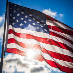 Intra Συλλεκτικό Ξύλινο Παζλ Plywood  4mm - Αμερικανική σημαία που κυματίζει ενάντια στο μπλε ουρανό και τα σύννεφα Σε Ξύλινο Κουτί - Διαστάσεις Puzzle: 10x10 cm – 25 κομμάτια