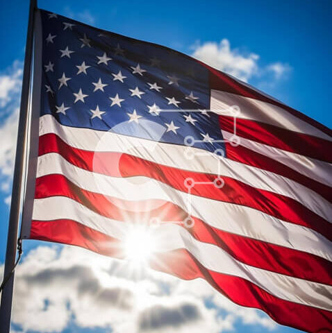 Intra Συλλεκτικό Ξύλινο Παζλ Plywood  4mm - Αμερικανική σημαία που κυματίζει ενάντια στο μπλε ουρανό και τα σύννεφα Σε Ξύλινο Κουτί - Διαστάσεις Puzzle: 10x10 cm – 25 κομμάτια - Image 1