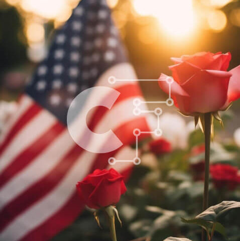 Intra Συλλεκτικό Ξύλινο Παζλ Plywood  4mm - Κόκκινο τριαντάφυλλο και αμερικανική σημαία με το ηλιοβασίλεμα Σε Ξύλινο Κουτί - Διαστάσεις Puzzle: 10x10 cm – 25 κομμάτια - Image 1