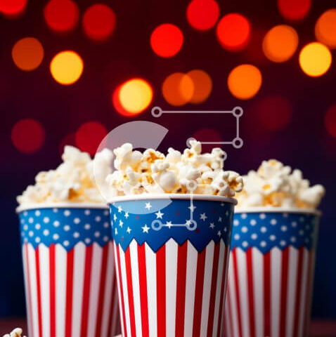 Intra Συλλεκτικό Ξύλινο Παζλ Plywood 4mm - Κύπελλα ποπ κορν αμερικανικής σημαίας σε ξύλινο τραπέζι με πολύχρωμα φώτα Σε Ξύλινο Κουτί - Διαστάσεις: 10x10 cm – 25 κομμάτια - Image 1