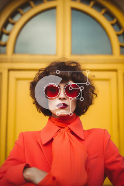 Intra Συλλεκτικό Ξύλινο Παζλ Plywood  4mm - Γυναίκα με πορτοκαλί σακάκι και κόκκινα γυαλιά ηλίου που στέκεται μπροστά από την κίτρινη πόρτα Σε Ξύλινο Κουτί - Διαστάσεις Puzzle: 10x10 cm – 25 κομμάτια